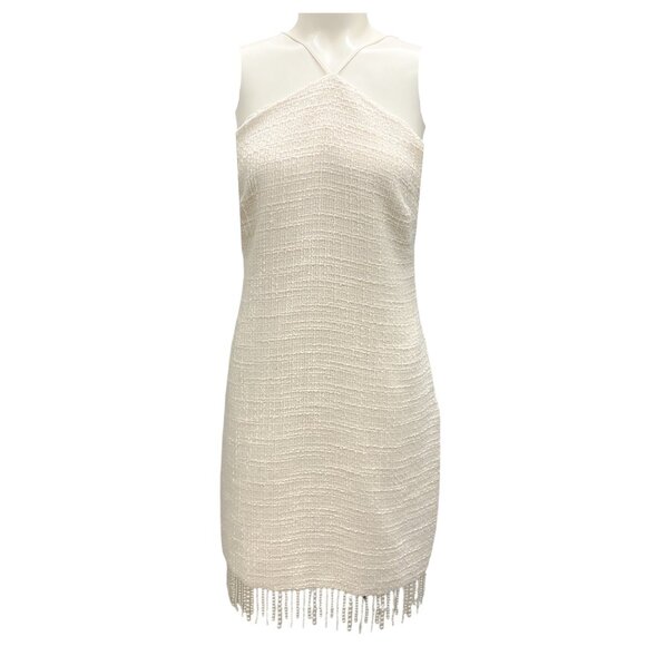 Jason Wu Ivory Tweed Textured Knit Pearl Bead Fringe Bridal Mini Dress